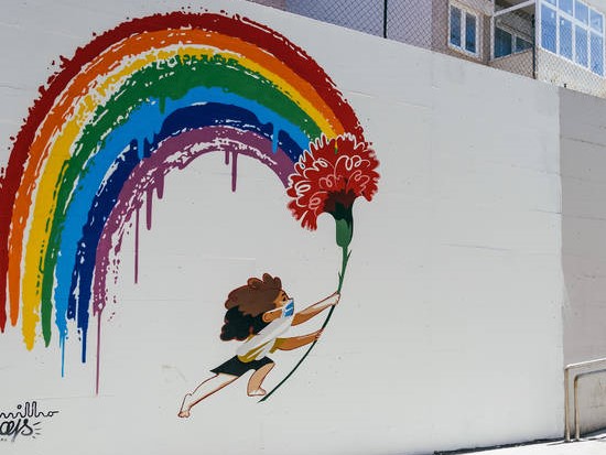 Obra de arte grafitada situada na estação de sete rios em Lisboa. Menino com uma máscara a tapar a boca, a simbolizar o período covid 19. A segurar uma cravo onde as cores do arco íris saem da flor, a demonstrar a liberdade. Estefani Ribeiro 2024